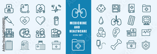 Set of 32 Medical and Healthcare web icons in line style. Medicine, check up, doctor, dentistry, pharmacy, lab, scientific discovery, collection. Vector illustration