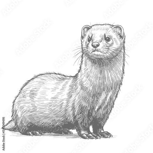 European Mink – Mustela lutreola. Playful ferret sketch captures a lively animal splashing joyfully. Wildlife illustration concept