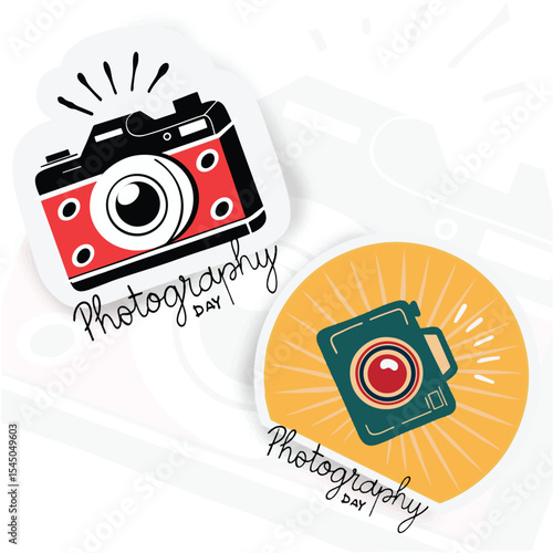 Photography Day Stickers set vector illustration.