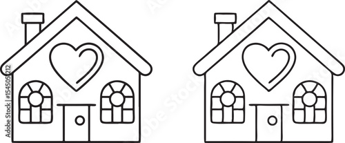 Home Care Icon with House and Heart Symbol in Minimal Vector Line Style for Family Shelter Branding