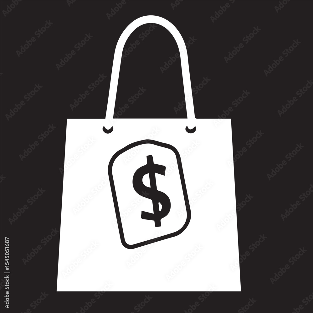 A white shopping bag with a prominent dollar sign on a price tag is centered on a solid black background, symbolizing shopping or sales. A white shopping bag with a prominent dollar sign on a price tag is centered on a solid black background, symbolizing shopping or sales.
