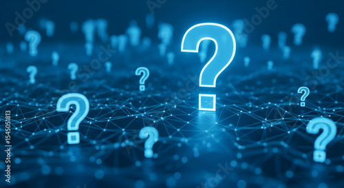 Glowing blue question marks on a dark blue network background, symbolizing inquiry, uncertainty, and data connection