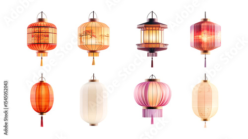 Eight Varied Asian Lanterns A Collection of Festive Lighting On Transparent Background