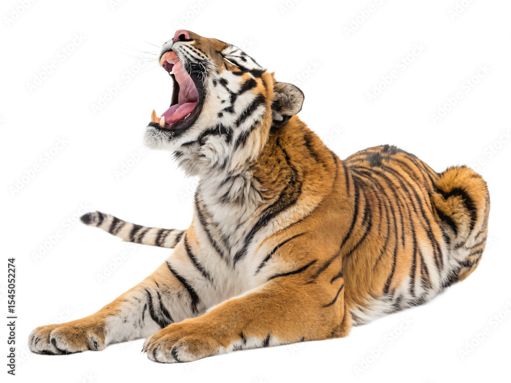 Obraz premium A large tiger lies down, roaring with its mouth wide open, isolated on transparent background