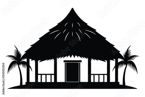 Silhouette of a Tiki Hut with Palm Trees and Thatch Roof Design