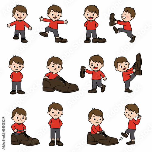 Childhood Adventures: A series of cartoon images show a child interacting with footwear and expressing multiple emotions, depicting everyday moments with expressive character art.