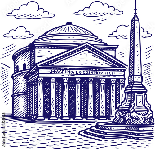 Pantheon and obelisk in Rome with clouds in line art style