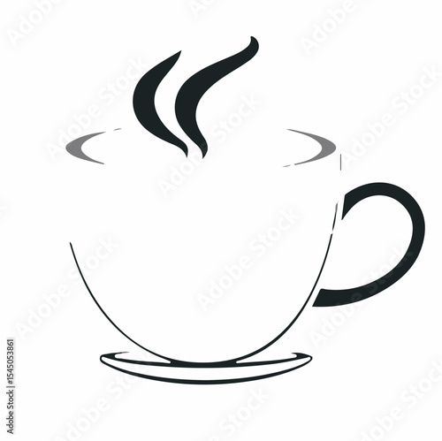 A white outline vector of a steaming teacup and saucer is centered on a clean white background.