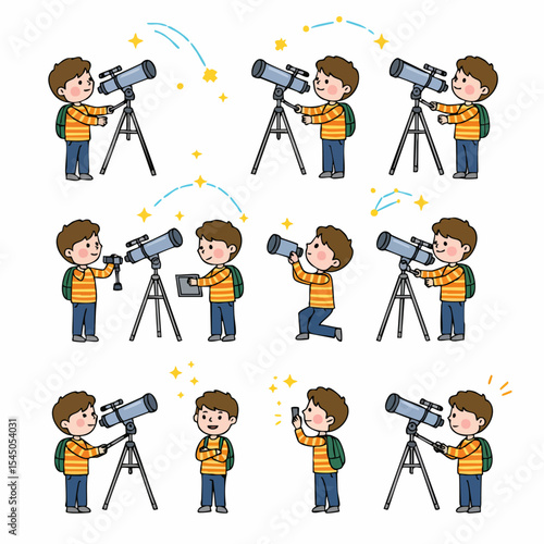 Child's Astronomical Adventures: A young child is engaged in the fascinating world of astronomy using a telescope, set against a starry background.