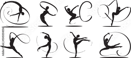 Eight silhouettes of rhythmic gymnasts with ribbons