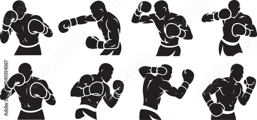 Eight silhouettes of a boxer in various poses