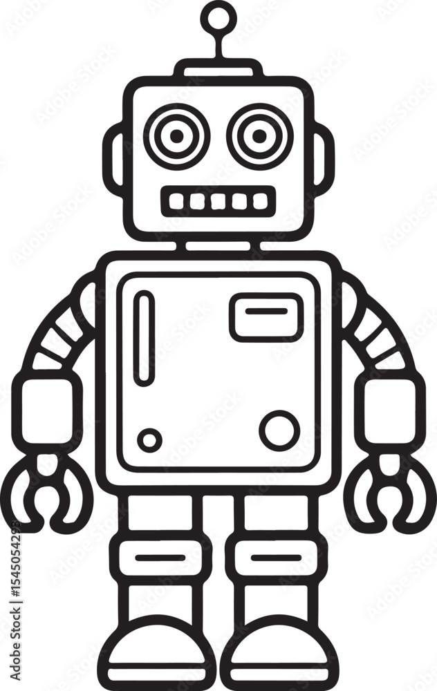 Retro robot illustration black and white line art Retro robot illustration black and white line art