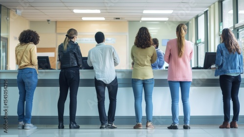 Busy Service Counter with Diverse Customers Including Men and Women Wearing Casual Clothing in Line