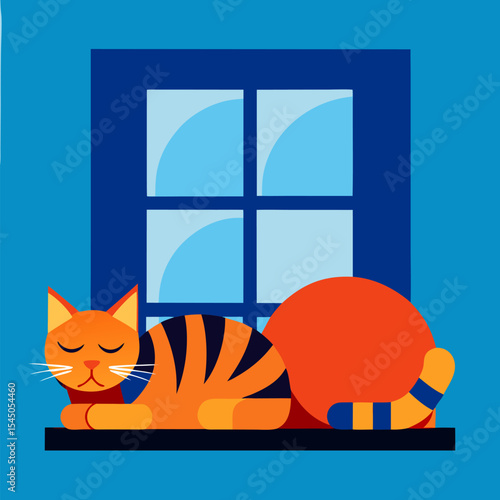 Tabby cats lying and sleeping on the windowsill outside the window vector on blue background.