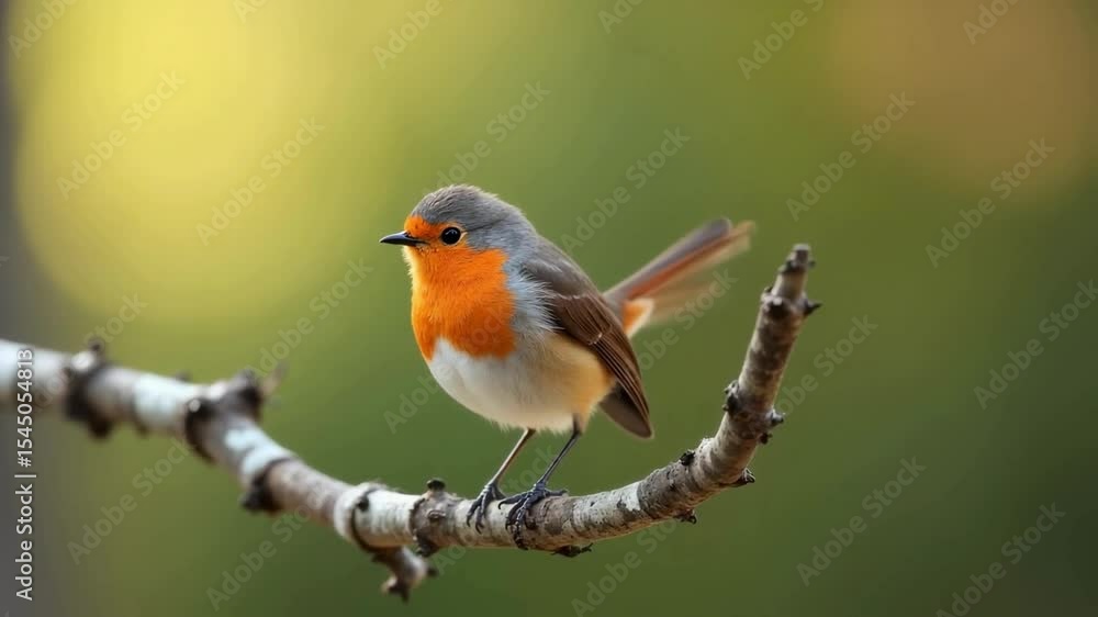European Robin Perched on a Branch in a Soft Focus Natural Background European Robin Perched on a Branch in a Soft Focus Natural Background