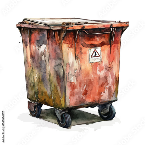 Industrial Trash Bin, watercolor painting vector, isolated on a white background.