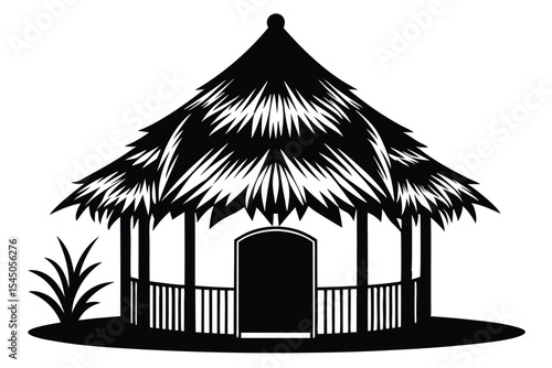 Black Silhouette Illustration of a Thatched Roof Gazebo with Enclosed Door and Bush