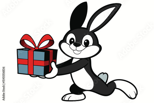 Cartoon rabbit delivers a light blue gift box tied with a vibrant red ribbon gracefully