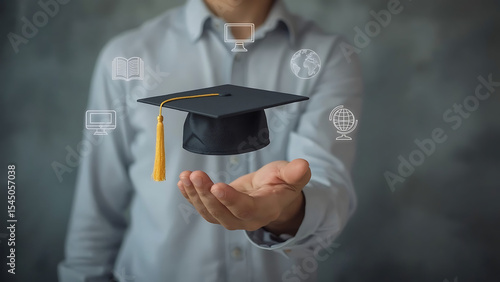 Hand Presenting a Graduation Cap Surrounded by Floating Digital Icons of Online Learning, Books, and Global Knowledge, Symbolizing E-Learning and Academic Achievement.