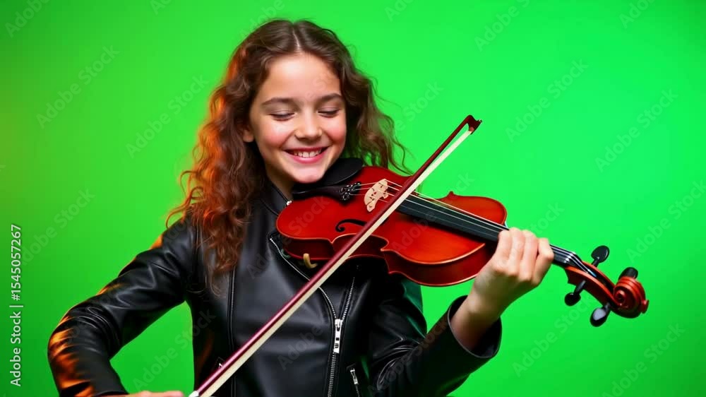 Smiling Girl Playing Violin Against Green Screen Smiling Girl Playing Violin Against Green Screen