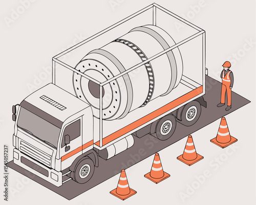 Engineers oversee micro modular reactor on truck. Isometric cartoon concept of nuclear installation at industrial energy site, isolated white background.