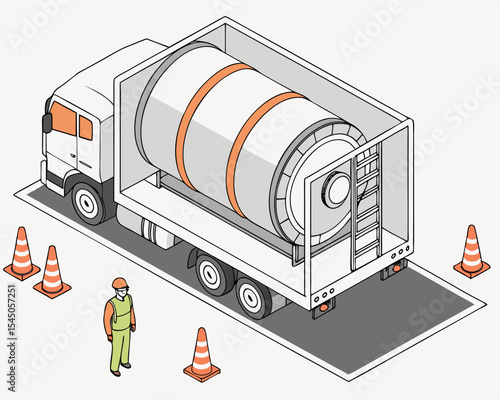 Isometric cartoon of engineers examining micro modular nuclear reactor loaded on truck for installation at industrial power plant, white background.