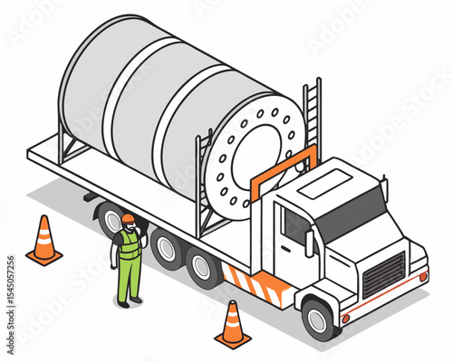 Engineers inspect small micro modular nuclear reactor on transport truck. Isometric cartoon illustration for energy facility installation, isolated on white.