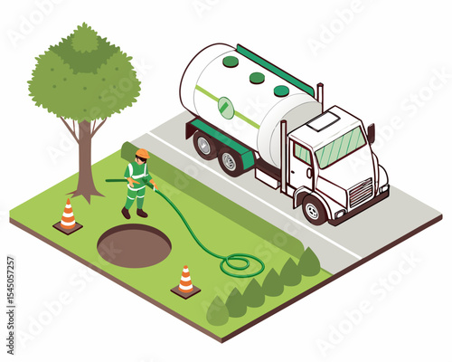 Isometric cartoon of sewer worker emptying septic system. Household drainage maintenance, sludge cleaning, sanitation services. Friendly style, white background.