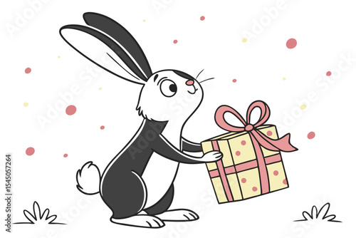 Cartoon rabbit with black fur smiling and delicately carries a small present with pink ribbon
