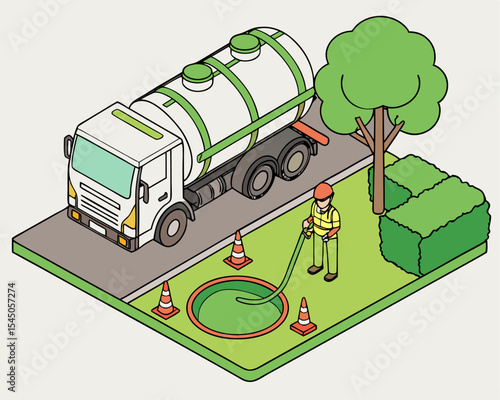 Utilities worker performing septic tank cleaning. Isometric illustration shows drainage and sewerage maintenance, sludge removal. Friendly concept, isolated white background.
