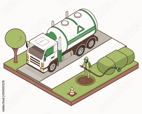 Isometric illustration of utility worker emptying household septic tank. Sewerage maintenance, sludge removal, drainage cleaning. Friendly concept, isolated on white.