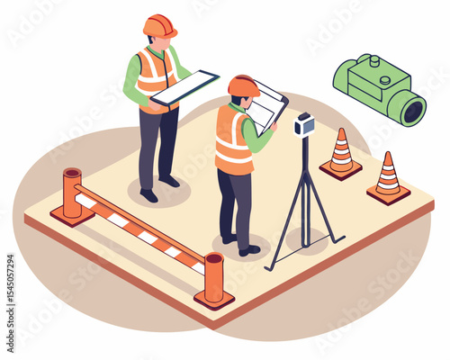 Cartoon isometric scene of civil engineer surveying land with theodolite at construction site. Technical equipment, white background, worksite concept.