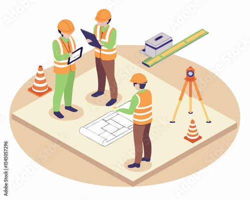 Isometric cartoon of a civil engineer using a theodolite at a construction site. Surveyor working with tools, white background.