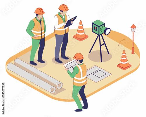 Isometric cartoon of land surveyor using theodolite at construction site. Civil engineer working with equipment, isolated on white background.