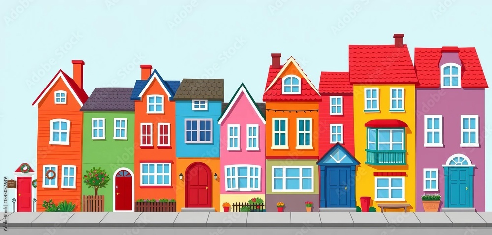 Naklejka premium Vibrant row of colorful houses, whimsical style vector illustration, colorful buildings, colorful houses