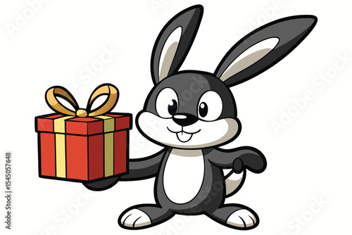 Cartoon grey bunny cheerfully delivers a red gift box with golden ribbon for celebration