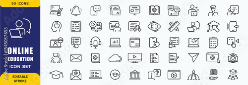 Online education and seminar line icons collection. Big UI icon set in a flat design. Thin outline icons pack. Vector illustration EPS10