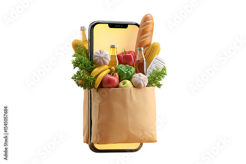 Smartphone with grocery bag, online food delivery concept