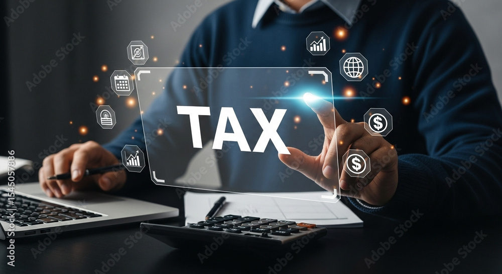 Naklejka premium Person using laptop and calculator with tax graphic overlay and business related icons floating around