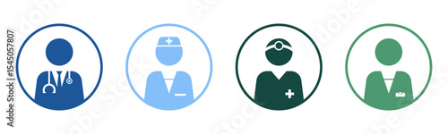 Doctor, Nurse, Surgeon and Pharmacist icon set illustration vector. Doctor, Nurse, Surgeon and Pharmacist inside circle sign and symbol.