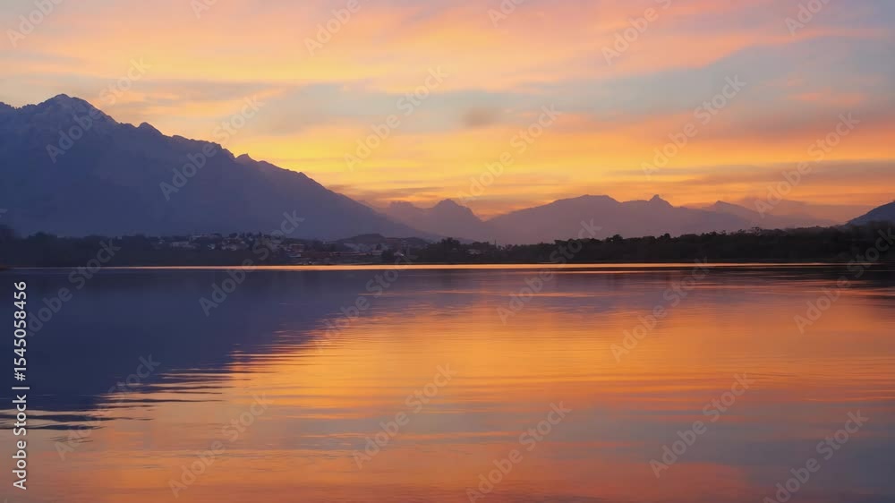 Peaceful sunset over calm mountain lake with colorful sky reflections, evoking tranquility, nature beauty, and scenic landscape serenity. Peaceful sunset over calm mountain lake with colorful sky reflections, evoking tranquility, nature beauty, and scenic landscape serenity.
