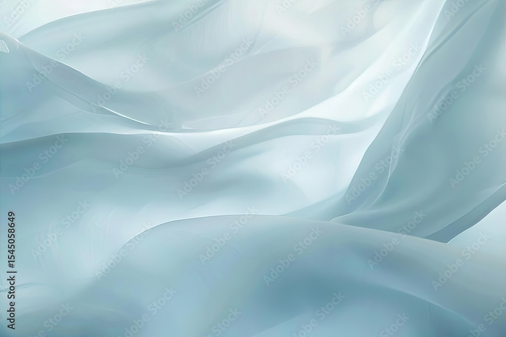Fototapeta premium Abstract composition of draped, sheer fabric in light blue and white, with soft lighting and flowing curves.