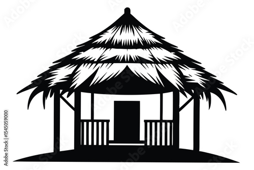 Simple Black Silhouette of a Thatched Roof Hut with Columns and Railing