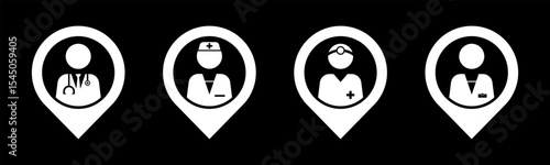Doctor, Nurse, Surgeon and Pharmacist icon set illustration vector. Doctor, Nurse, Surgeon and Pharmacist with location sign and symbol.
