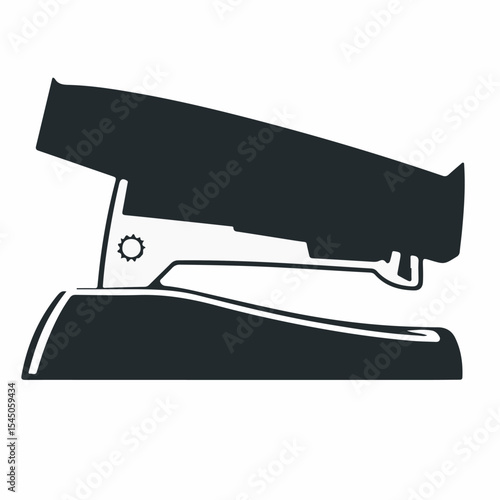 A dark gray and white vector illustration of a stapler, featuring its classic form with a large body and a small white detail on the hinge.