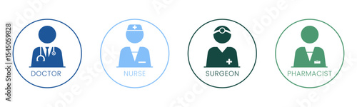 Doctor, Nurse, Surgeon and Pharmacist icon set illustration vector. Doctor, Nurse, Surgeon and Pharmacist inside circle sign and symbol.