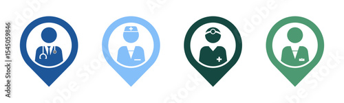 Doctor, Nurse, Surgeon and Pharmacist icon set illustration vector. Doctor, Nurse, Surgeon and Pharmacist with location sign and symbol.