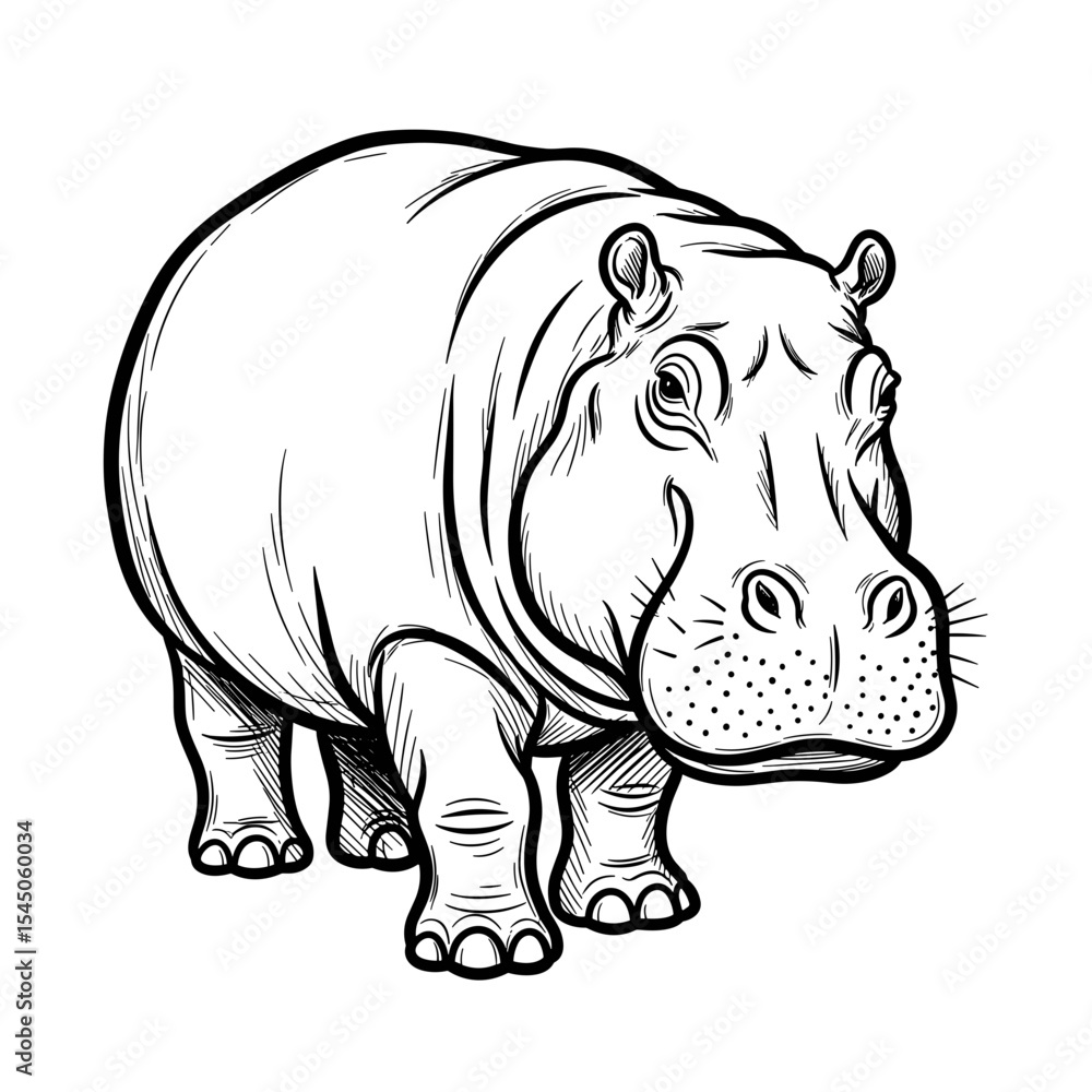 Fototapeta premium Black and white illustration of a standing hippopotamus on transparent background