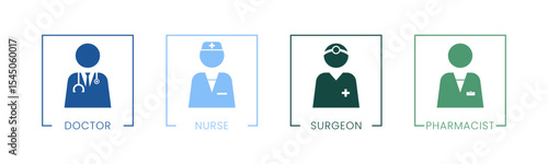 Doctor, Nurse, Surgeon and Pharmacist icon set illustration vector. Doctor, Nurse, Surgeon and Pharmacist inside square sign and symbol.