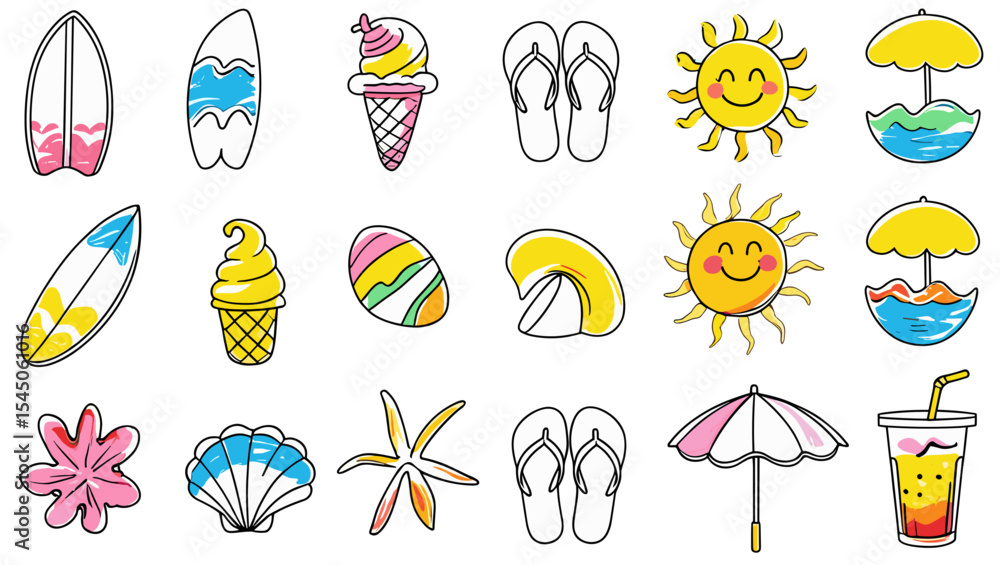 Illustration of beach themed items including surfboards ice cream suns and beach umbrellas and flip flops Illustration of beach themed items including surfboards ice cream suns and beach umbrellas and flip flops